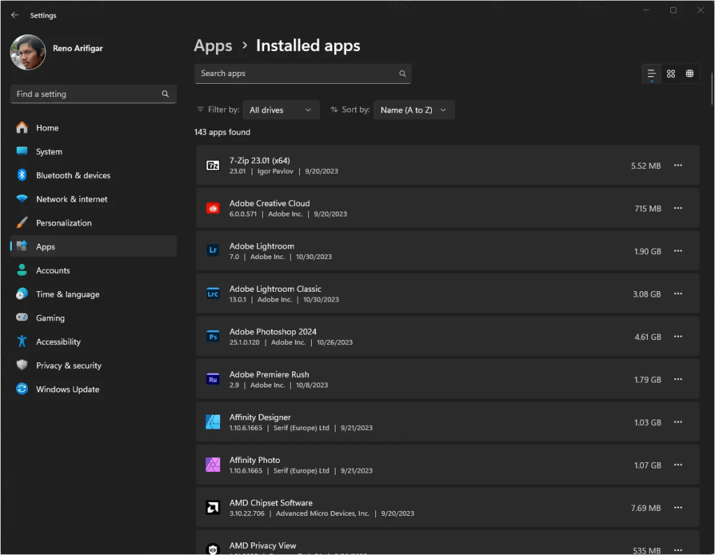 Installed Apps Interface on Windows 11 Settings - RenoArifigar.com
