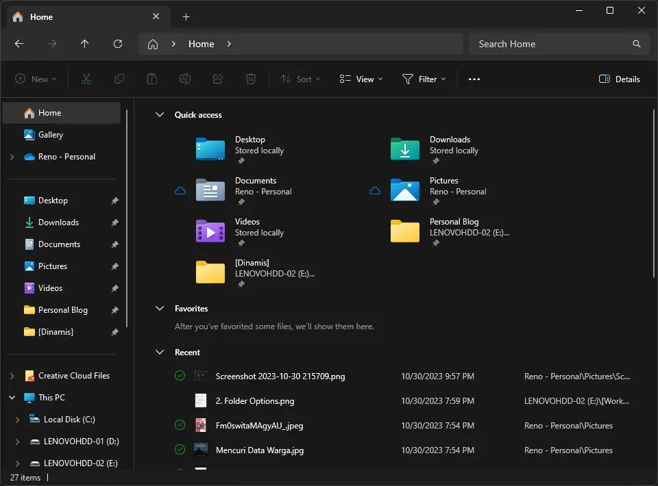 Tampilan Windows File Explorer tanpa Frequently Used Folder dan Files from Office.com - RenoArifigar.com