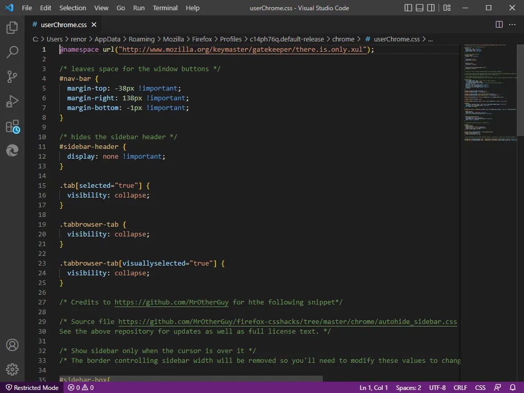 userChrome.css dibuka dengan Visual Studio Code - RenoArifigar.com