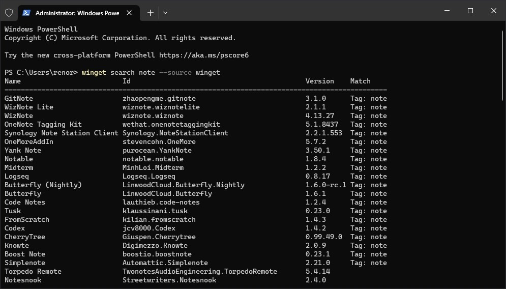 Running perintah winget search di PowerShell - Cara Pakai Winget - RenoArifigar.com